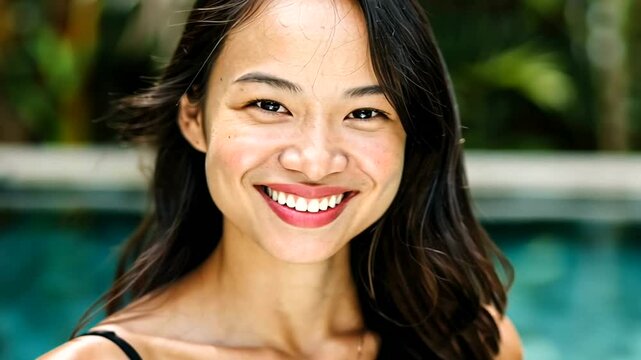 Smiling woman, poolside, tropical garden, summer vacation, website header