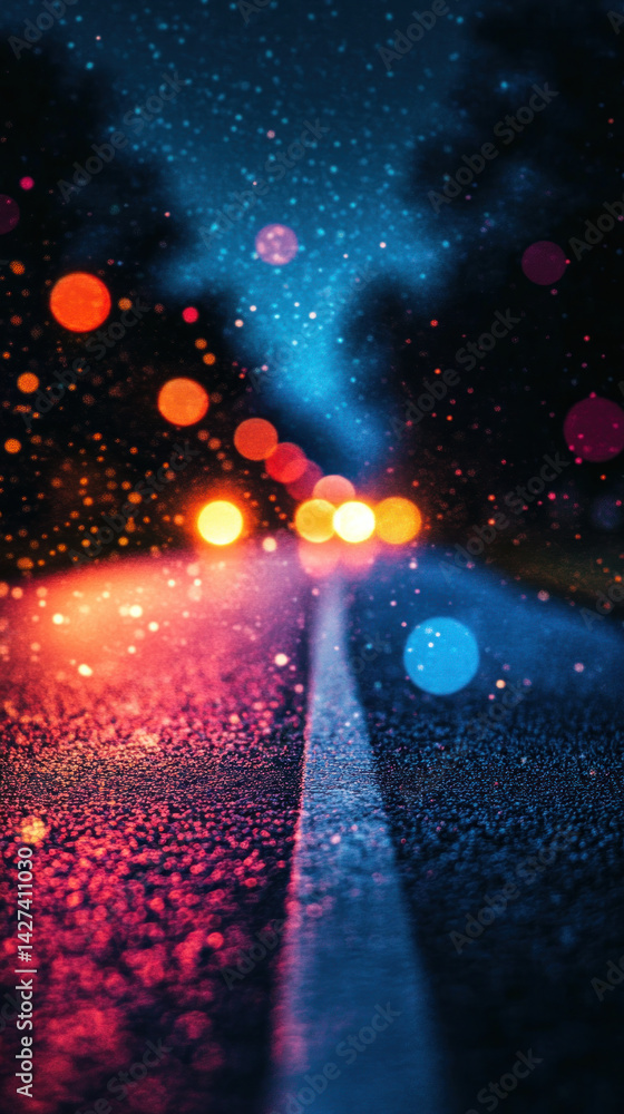 Poster a blurry image of a road with a white line and a few lights. the image has a moody and mysterious fe