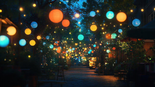 A street with many lights and trees. The lights are of different colors and sizes. Scene is festive and lively