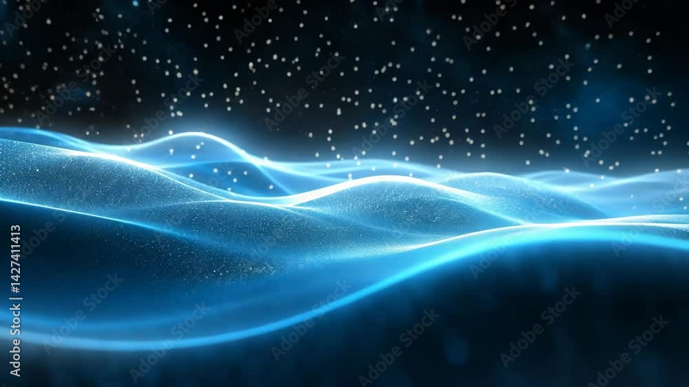 Aufkleber abstract glowing blue waves on a dark background with starry particles, futuristic tech design, digi
