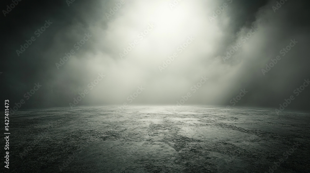 Poster a dark, cloudy sky with a large, empty field. the sky is filled with clouds and the field is empty