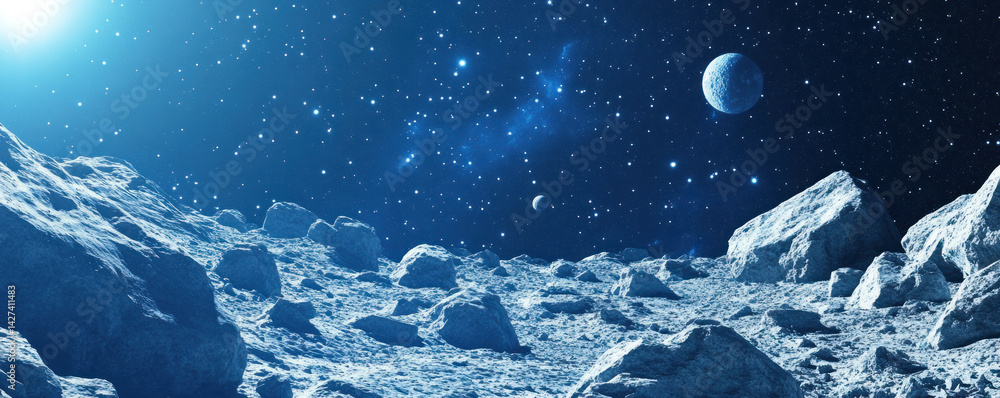 Poster a space scene with a large rock in the foreground and a small planet in the background. the sky is f