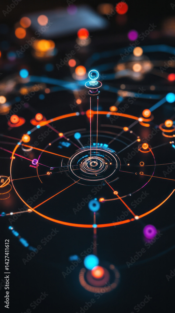 Poster a colorful, abstract image of a circle with a point in the center. the circle is surrounded by many 