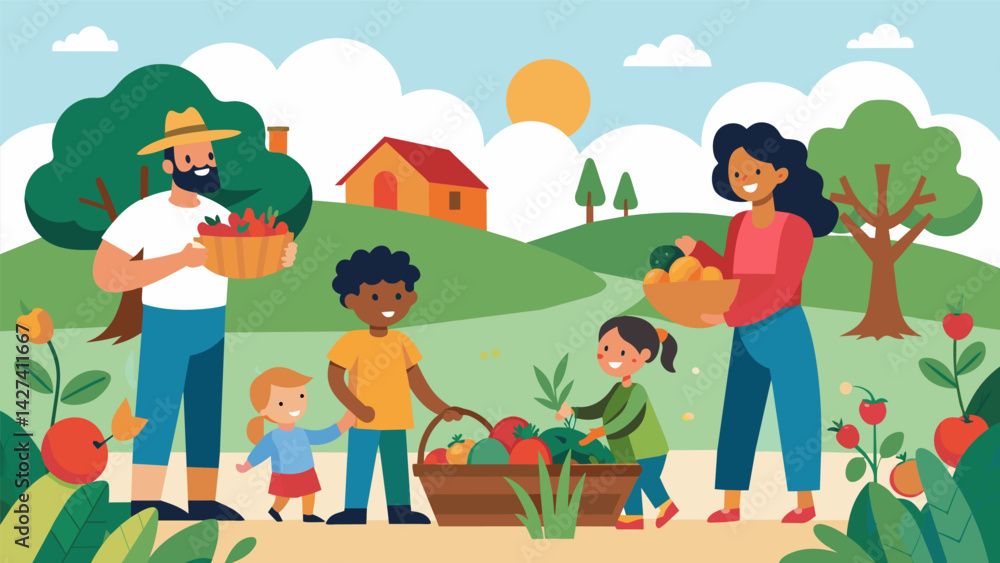 Poster a family visiting a local farm picking their own fruits and vegetables and learning about sustainabl