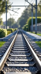 Fototapeta premium Endless railroad perspective with electrified tracks leading through sunny green landscape, symbolizing sustainable transport, travel journey, and modern rail infrastructure progress 