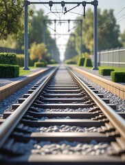 Endless railroad perspective with electrified tracks leading through sunny green landscape, symbolizing sustainable transport, travel journey, and modern rail infrastructure progress
