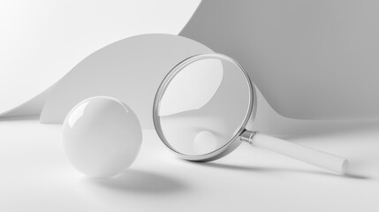A minimalistic composition featuring a magnifying glass and a white sphere.