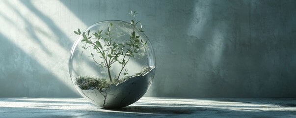 A modern glass terrarium showcasing a vibrant plant, illuminated by soft natural light.