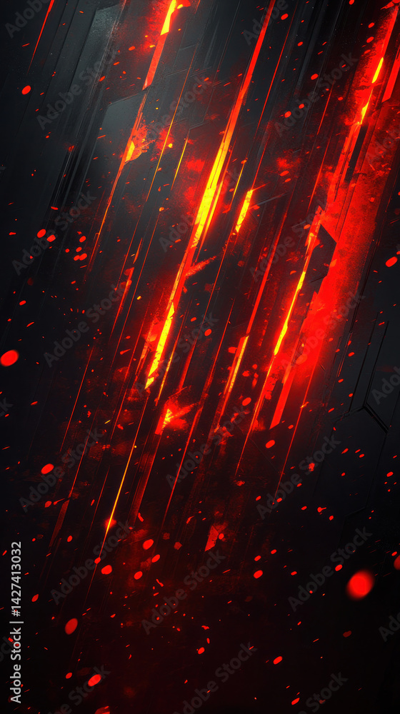 Poster a black and red image with red streaks and red dots. the image has a dark and intense mood, with the
