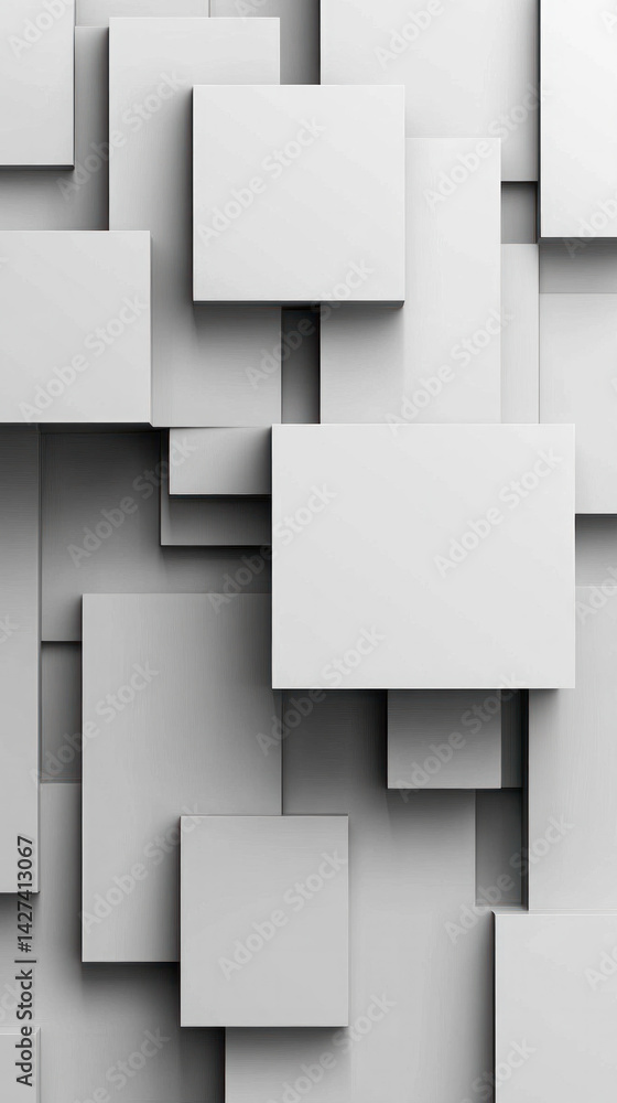 Poster a white wall with square blocks. the blocks are arranged in a way that creates a sense of depth and 