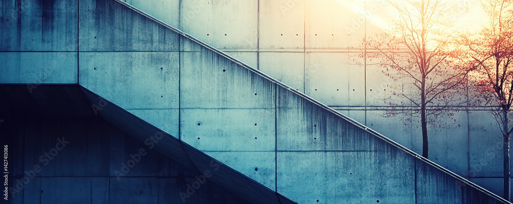 Poster a staircase is shown in front of a building with a tree in the foreground. the staircase is made of 