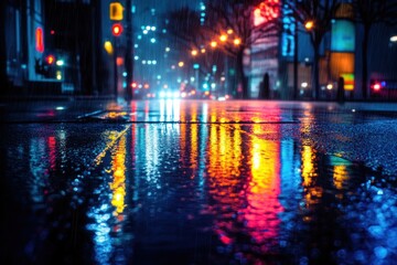City street reflects vibrant lights during heavy rainfall at night