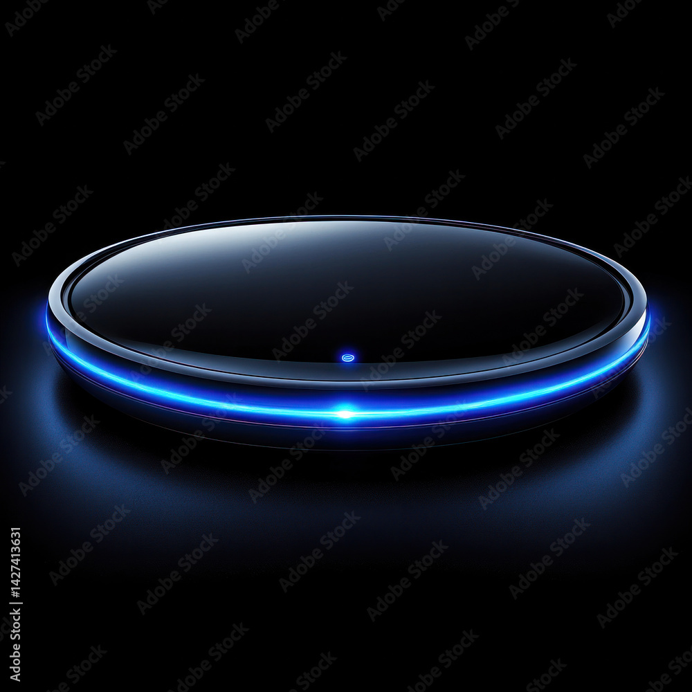 Poster a shiny, round object with a blue light on it. the object is black and blue, and it is a piece of te