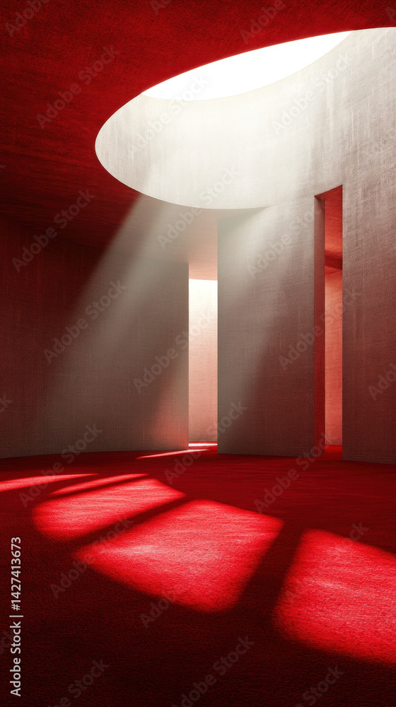 Poster a red room with a white ceiling and a red carpet. the room is empty and the light is shining through