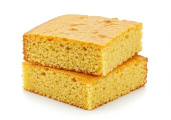 Two pieces of cornbread stacked on a white surface