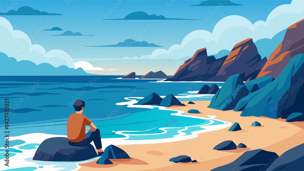 Poster a rocky beach with crashing waves where a person sits quietly taking in the vastness of the ocean an