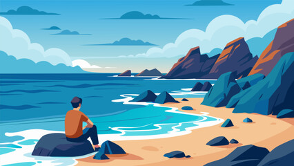 A rocky beach with crashing waves where a person sits quietly taking in the vastness of the ocean and finding comfort in its constancy.. Vector illustration