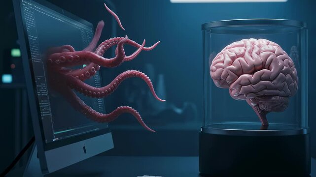 In a state-of-the-art laboratory, a unique experiment unfolds as a brain sits encased in glass, illuminated by soft blue light. Nearby, an octopus extends its tentacles, seemingly engaged with the
