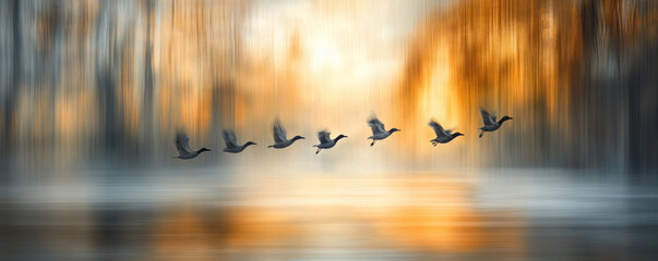 A group of birds flying in a line over a body of water. The birds are in various positions, some are closer to the water and others are further away. Concept of freedom and movement