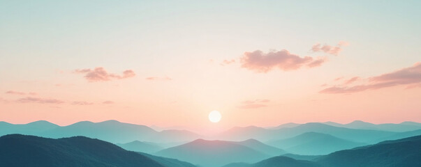 A beautiful mountain range with a sun setting in the background. The sky is a mix of blue and pink, creating a serene and peaceful atmosphere