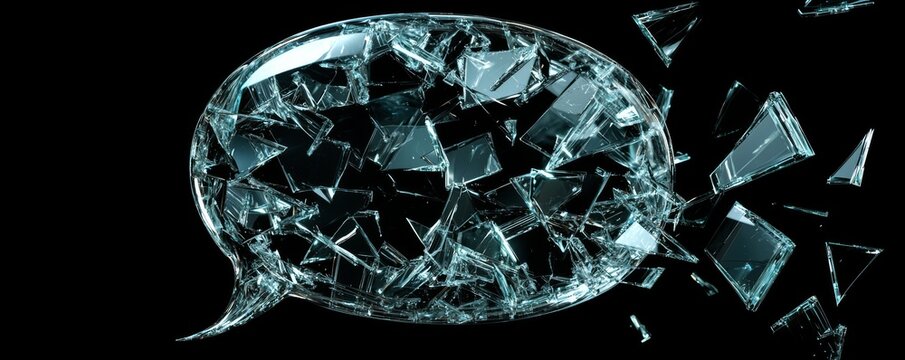A shattered glass speech bubble symbolizing broken communication and dialogue.