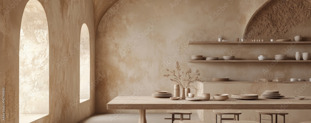 Poster a room with a wooden table and a shelf with plates. the room is empty and has a simple, minimalistic