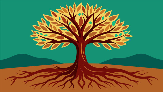 A tree with strong deep roots representing the Stoic virtue of fortitude and how it helps individuals stay grounded and resolute in the face of. Vector illustration