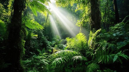 Sunbeams Illuminating Lush Rainforest