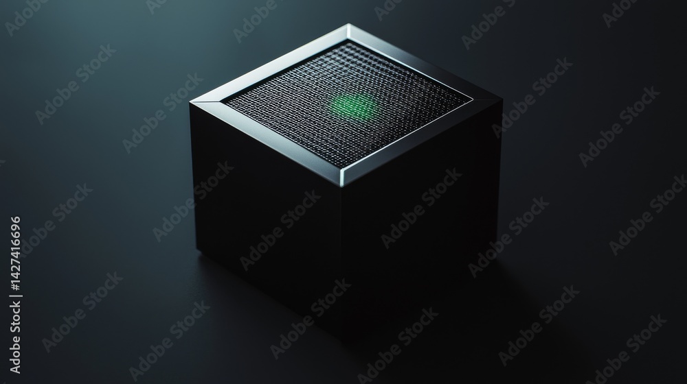 Poster a sleek black cube device with a glowing green indicator on a dark background.