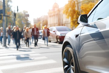 Sleek Electric Car Stopped at Crosswalk with Pedestrians Walking in Urban Environment