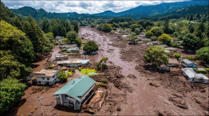 Aerial View: Mudslide Devastation in Mountain Valley Community