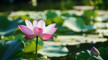 Obraz premium Lotus Flower in the Lake. Graceful and Serene Natural Beauty with Delicate Petals and Rich Green Leaves.