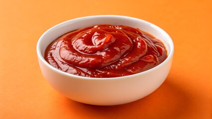 Bright Red Sauce in White Bowl on Orange Background yogurt with strawberry