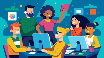 Obraz premium A group of students in a digital art class eagerly following along with their instructor amazed by the endless potential of their digital mediums.. Vector illustration