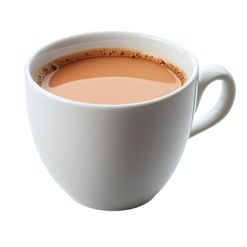 A close up of a white ceramic mug filled with a light brown beverage with a few bubbles on the surface