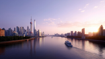 Stunning skyline view of Shanghai at sunset with river cruise and modern architecture