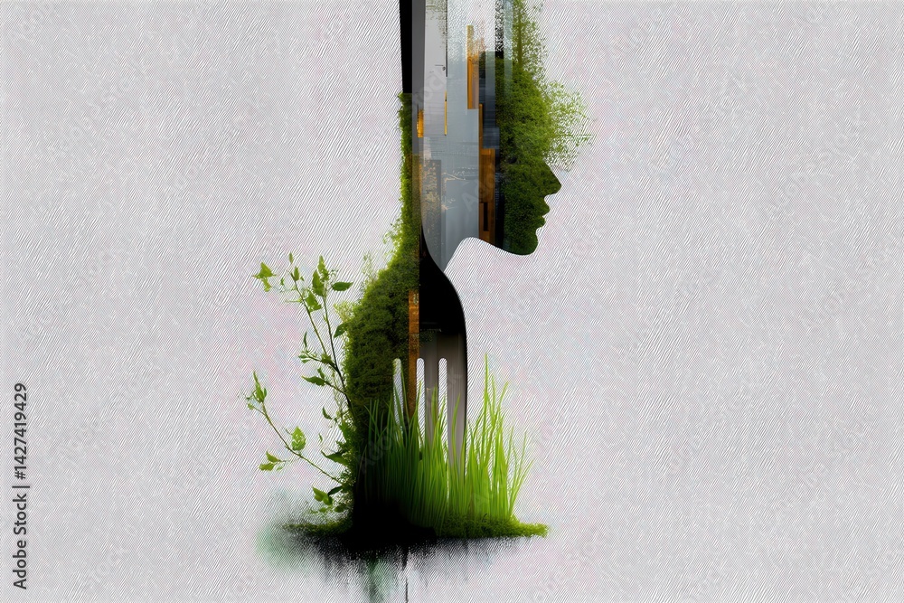 Aufkleber minimal double exposure artwork featuring silhouette of a face with fork and greenery elements for c