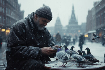 Man feeding pigeons in snow-covered park, surrounded by fluttering birds.
