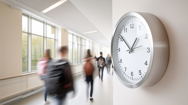 Students walking in a hallway while a clock shows the time during school hours in a bright, modern building