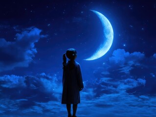 Obraz premium A silhouette of a girl gazes at a large, luminous moon under a starry night sky, creating a serene and dreamlike atmosphere.