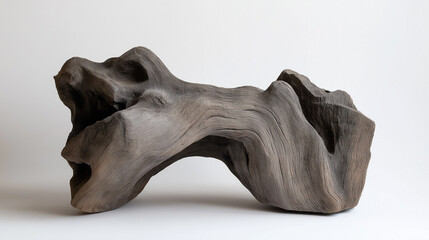 Unique wooden sculpture showcasing intricate natural curves and textures in a minimalist display setting