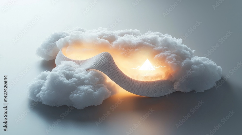 Poster a surreal image featuring soft clouds enveloping a glowing abstract shape.