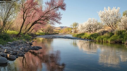 Obraz premium Tranquil Spring River Scene with Blossoming Trees