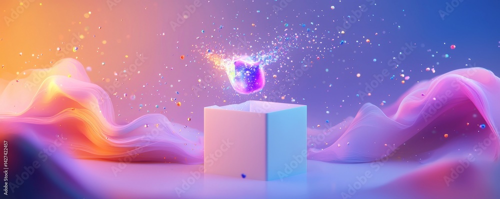 Poster a vibrant abstract scene featuring a glowing orb above a cube in a colorful landscape.
