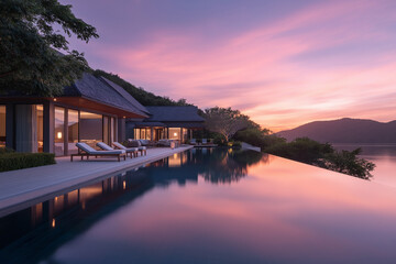 Luxury villa with infinity pool at sunset overlooking mountains and lake