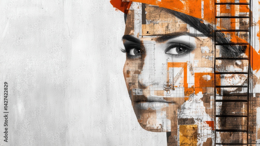 Poster artistic double exposure portrait with abstract elements in soft icon style and vibrant colors