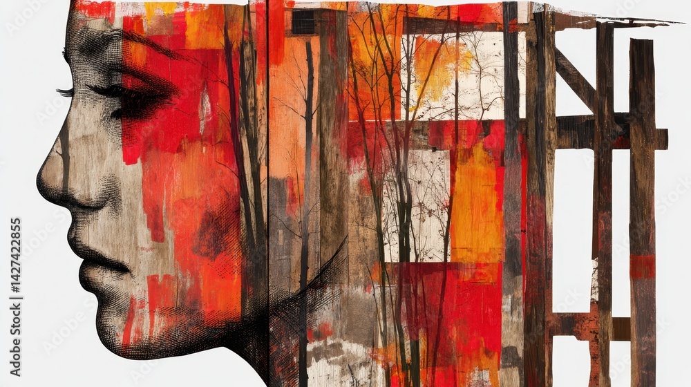 Poster artistic double exposure portrait with abstract elements in warm tones and deep contrast