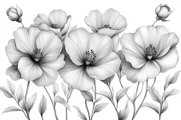 Beautiful detailed pencil drawing of various elegant blossoming flowers