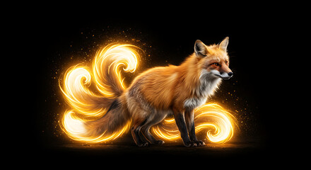 fiery fox with glowing tails digital wallpaper