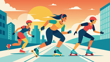 As the sun beats down inline skaters glide effortlessly through the city fueled by the excitement and adrenaline of the intense summer marathon.. Vector illustration